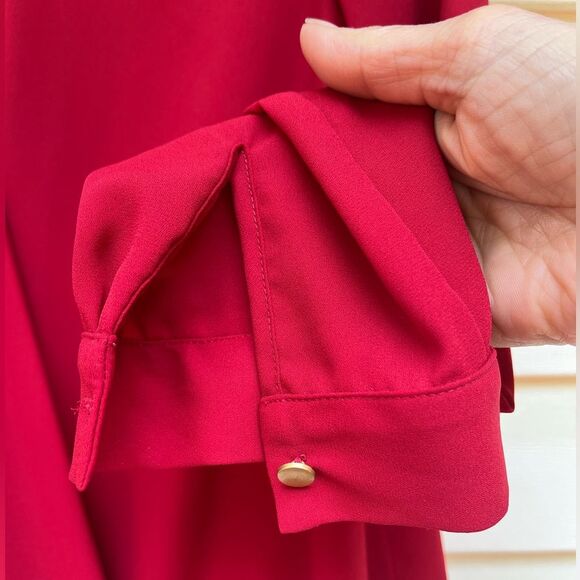 ANDB rich red long sleeved blouse, overlapping flap draped at waist, neck flap M - Picture 2 of 9